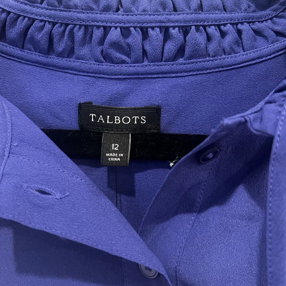 Talbots Blue Sleeveless Blouse Ruffle Trim And Tie Neck Sz 12 Office Work School - Picture 2 of 7